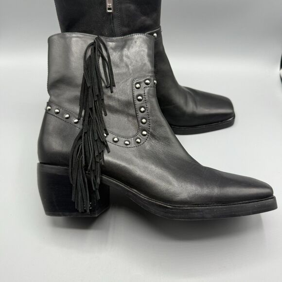 Sam Edelman Black Leather Fringe Stud Bernie Moto Boot Leather Booties Size 10 M - Picture 1 of 9